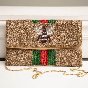 Queen Bee Beaded Purse Envelope Clutch Chain Crossbody Whimsical Maximalist Chic